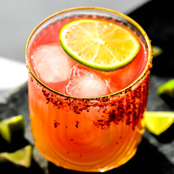 Overhead image of a pineapple margarita with a lime wedge.